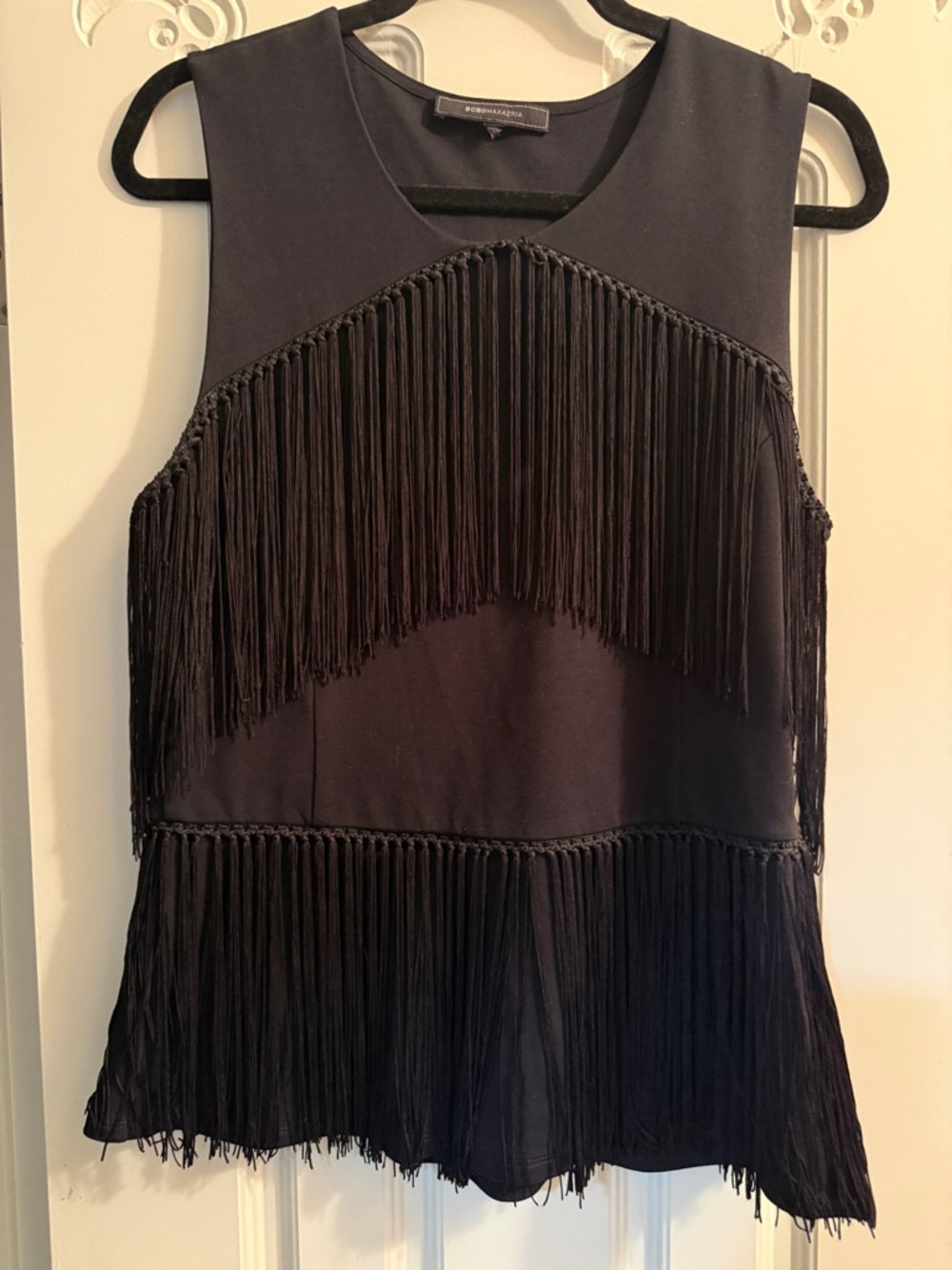 BCBG Max Azria Fringe Top Sleeveless Boho Black Size M-L